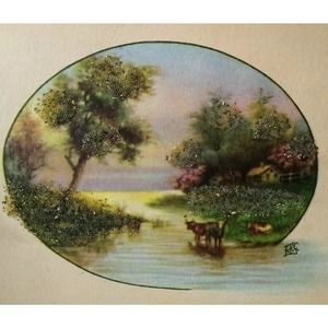 New Year Postcard Wolf Artist Signed FFG Mica Glitter Cattle Country Lake Ser 10